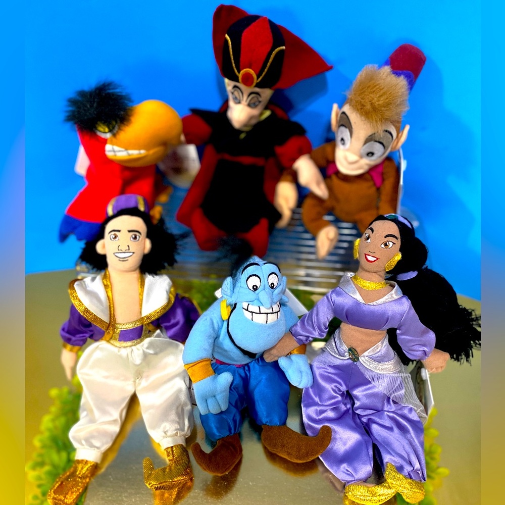 DISNEY EXCLUSIVE NWT VTG 1990s ALADDIN RETIRED BEAN BAG PLUSH COMPLETE SET OF 6